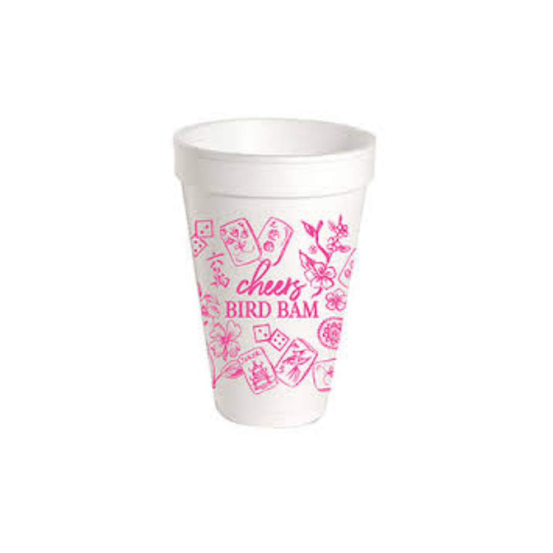 Styrofoam Cups- Pink Mahjong Toile Cheers Bird Bam