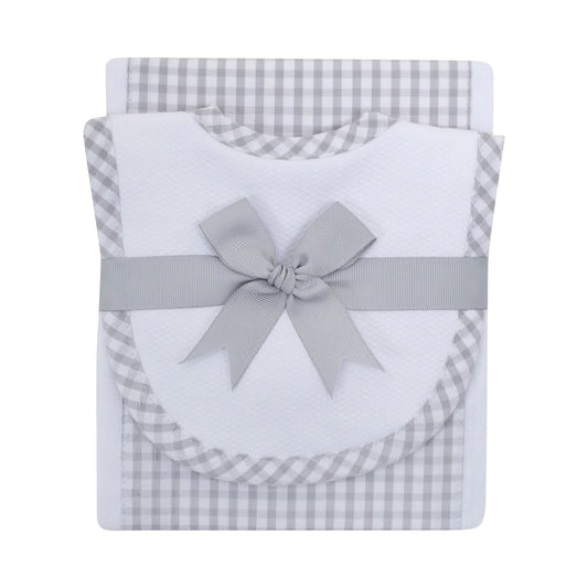 Gray Check Drooler Bib & Burp Set