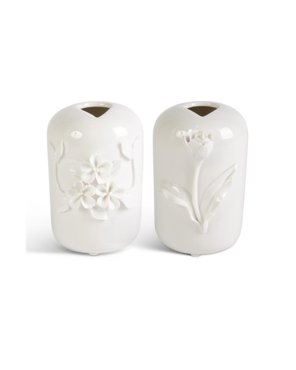 Tall White Ceramic Vase with Raised Flowers