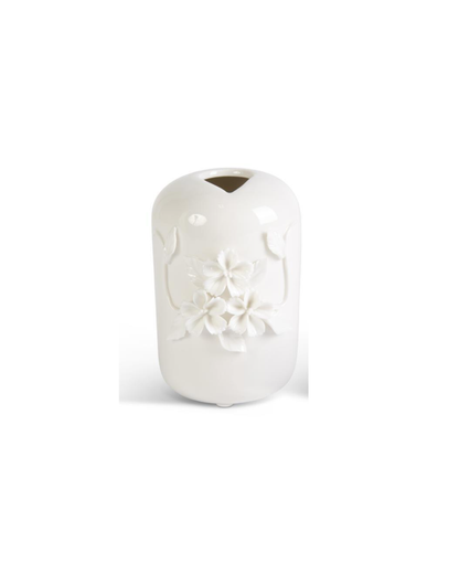 Tall White Ceramic Vase with Raised Flowers