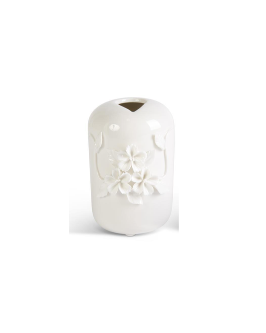 Tall White Ceramic Vase with Raised Flowers