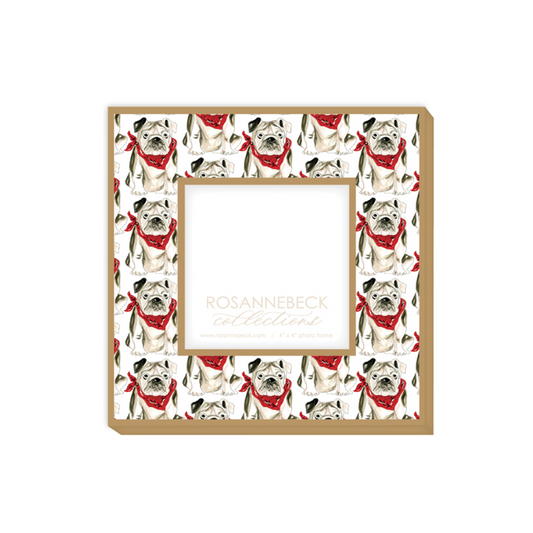 4x4 Frame - Gold Handpainted Bulldog with Red & Black Bandana
