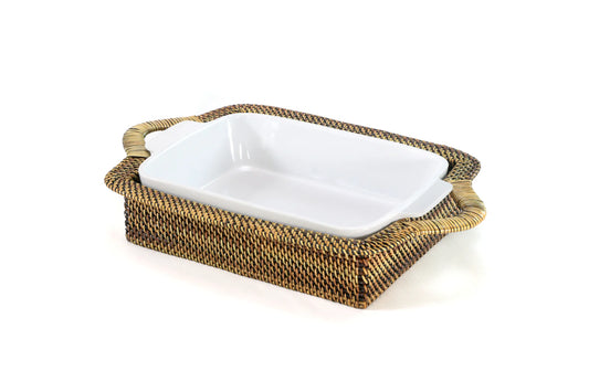 Rectangular Casserole Basket with Handles with Stoneware Roaster 2qt