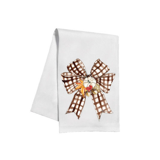 Festive Brown Gingham Bow With Gourd Kitchen Towel
