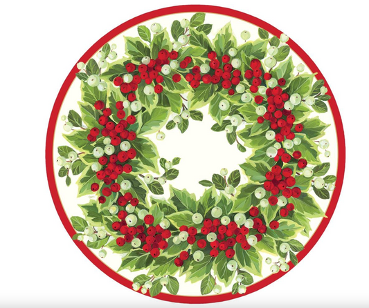 Caspari Holly and Berry Wreath Round Paper Placemats - 12 Per Package