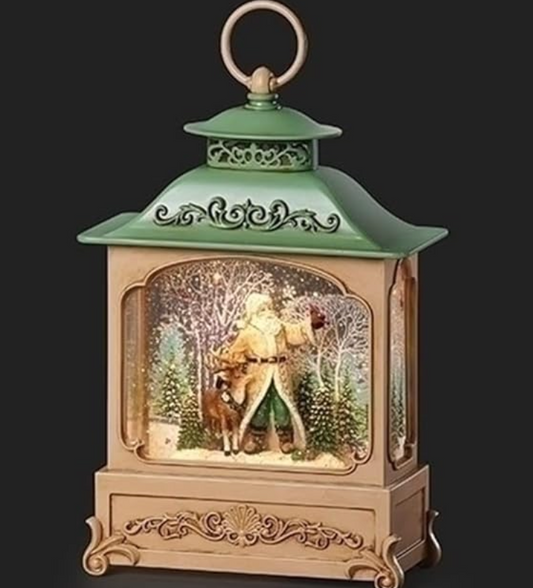 Santa and deer Green Roof LED Swirl Lantern