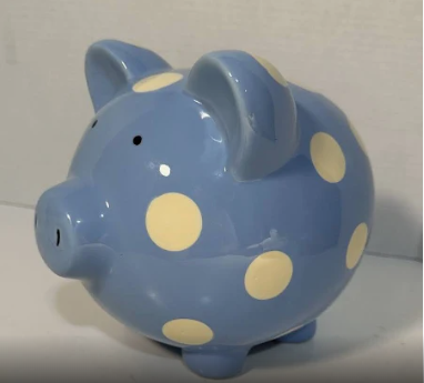 Hand Painted "My First Piggy Bank"- Blue-White Dots