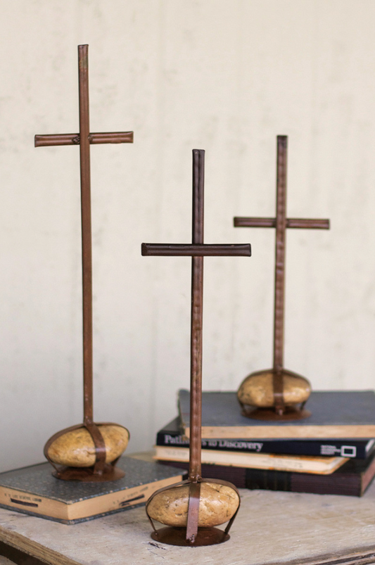 Scrap Metal Crosses with Caged Rock Bases