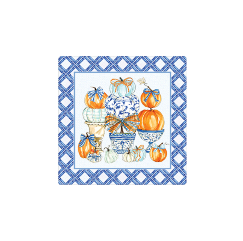 Handpainted Blue Chinoiserie Pots and Pumpkins with Blue Bamboo Border Square Placemat