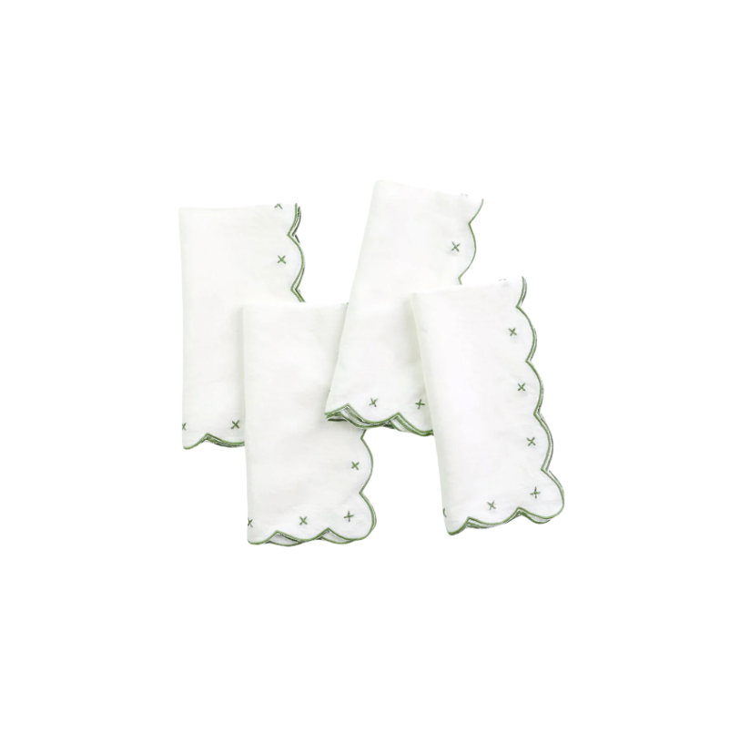 pomegranate Scalloped Knot Green Embroidered Linen Napkin | Set of 4