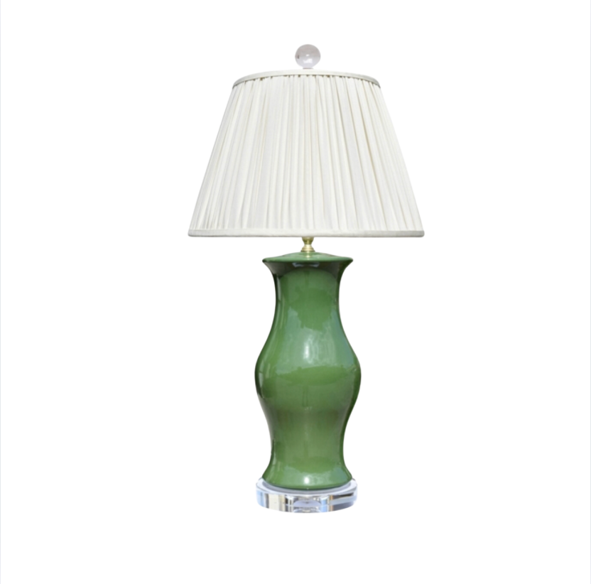 Porcelain Pine Green Vase Lamp with Pleated Shade