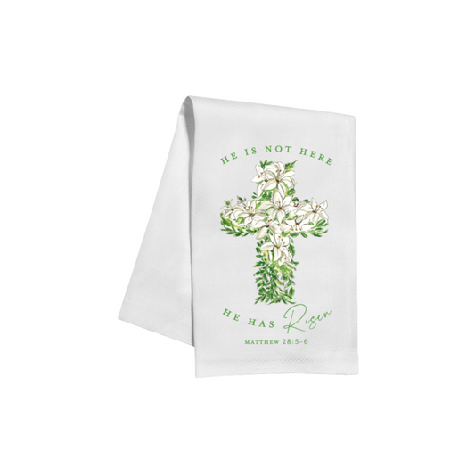 He is Not Here He Has Risen Cross of Lillies Kitchen Towel