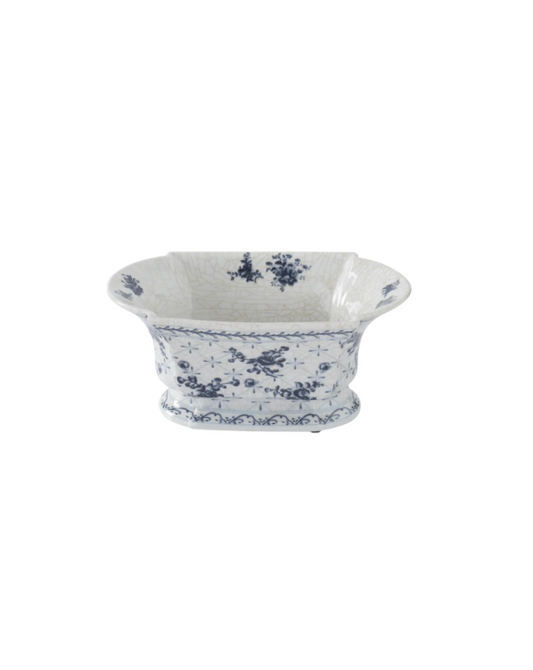 Blue & White Floral Ceramic Oval Fluted Bowl