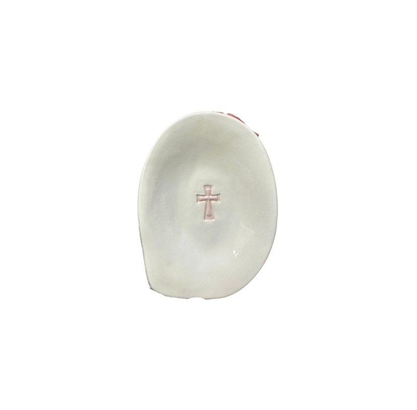 Red Bird Pottery White Cross Tray with Pink Cross