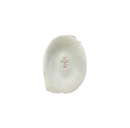 Red Bird Pottery White Cross Tray with Pink Cross
