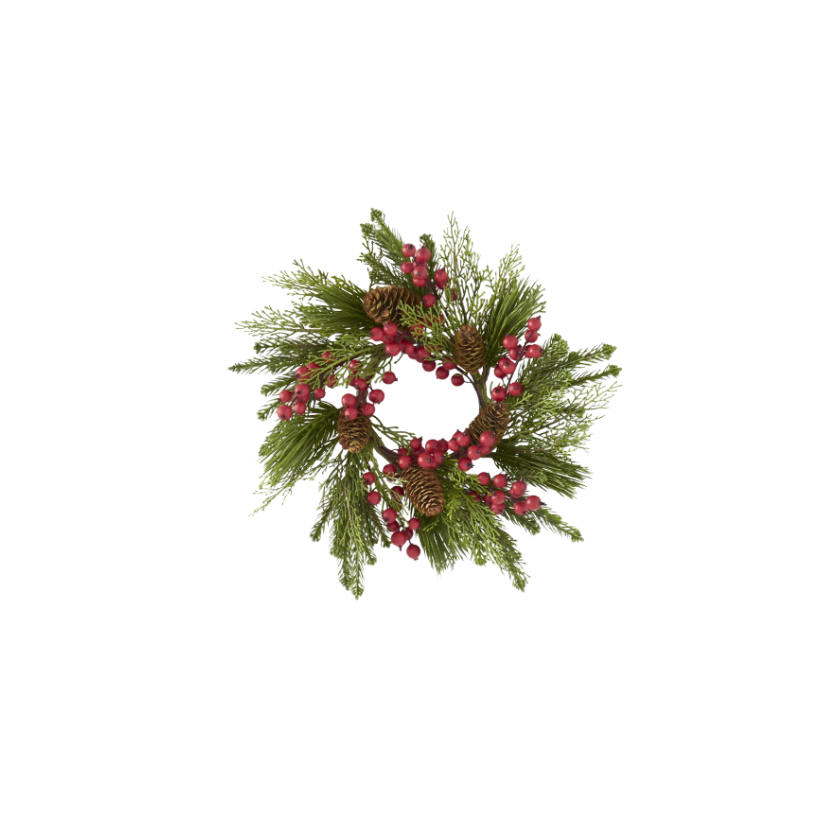 12 Inch Pine Cedar Mix & Red Berries Candle Ring w/Pinecones