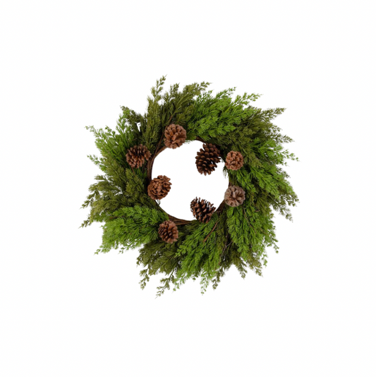 26 Inch Real Touch Cedar Pine Wreath w/Twigs and Pinecones on Vine