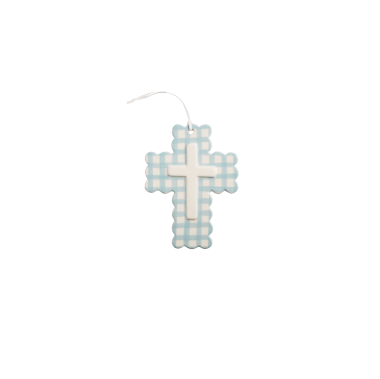 Blue Gingham Ceramic Cross