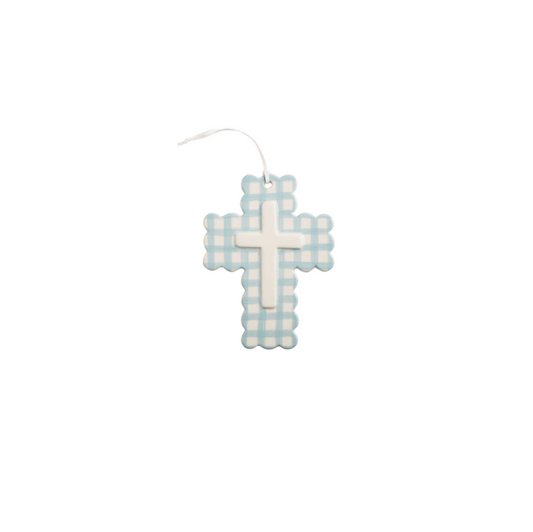 Blue Gingham Ceramic Cross