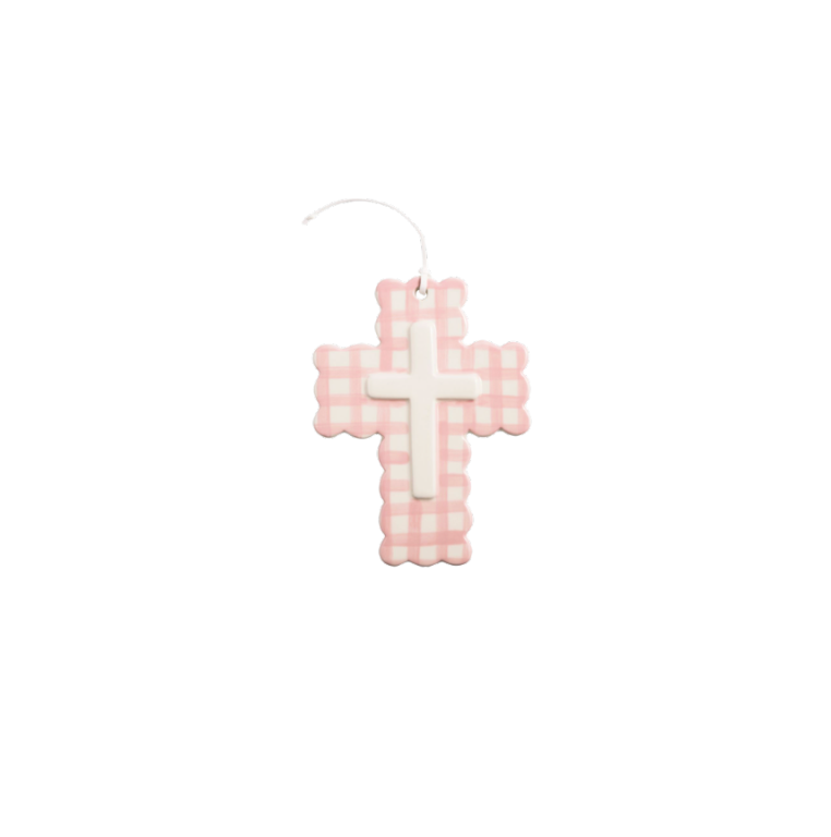 Pink Gingham Ceramic Cross