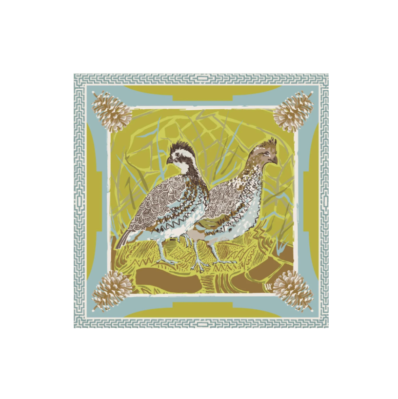 Austin Williams Chartreuse Quail Pair - Double-Sided Silk Scarf