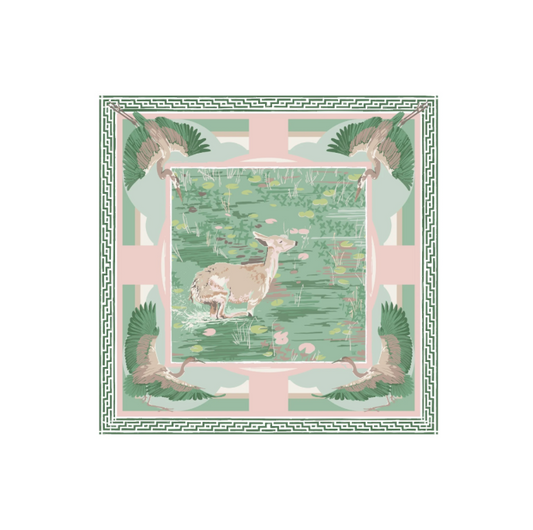 Austin Williams Green Pink Lily Pad Doe Double-Sided Silk Scarf
