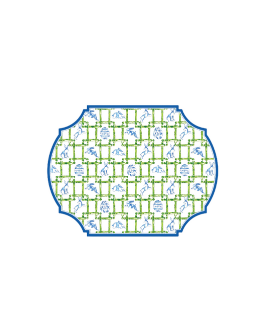 Green Trellis with Blue Easter Bunnies & Blue Chinoiserie Easter Eggs Posh Die-Cut Placemat