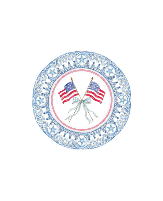 Handpainted Patriotic Plate Light Blue Crossed Flags with Bow Posh Die-Cut Placemat