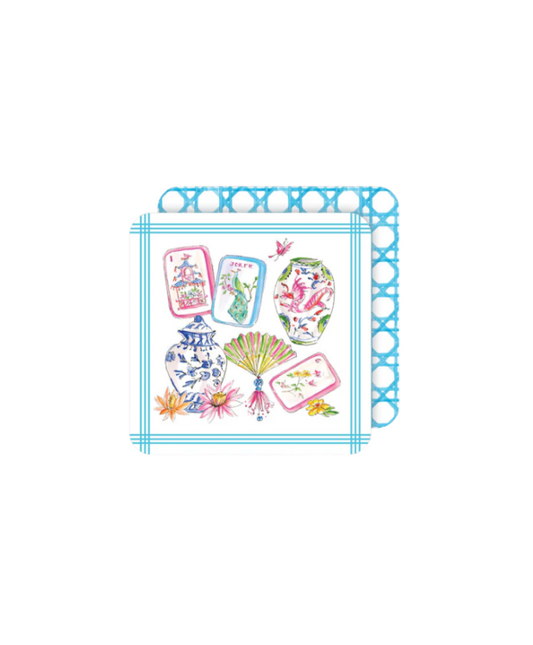 Mahjong Icons Pots Fan Tiles and Flowers Square Coasters