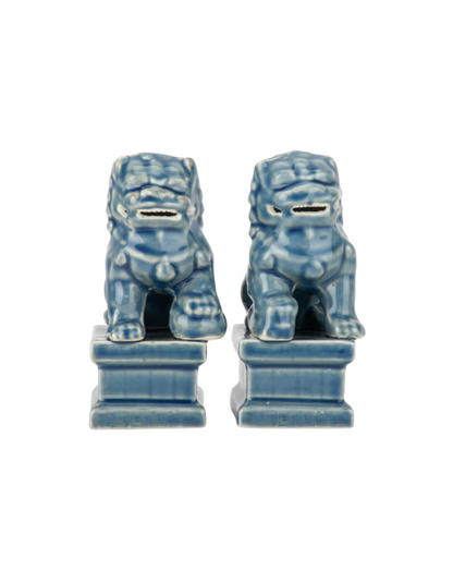 Pair Of Petite Foo Dogs Dusty Blue Glaze