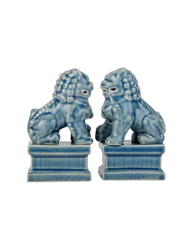 Pair Of Petite Foo Dogs Dusty Blue Glaze