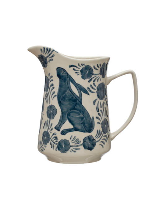 Hand-Painted Blue & White Stoneware Pitcher with Rabbit & Flowers