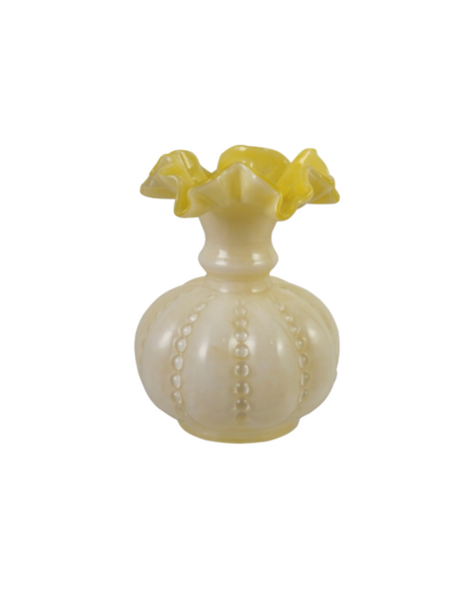 Yellow & White Hand-Blown Glass Ruffled Vase