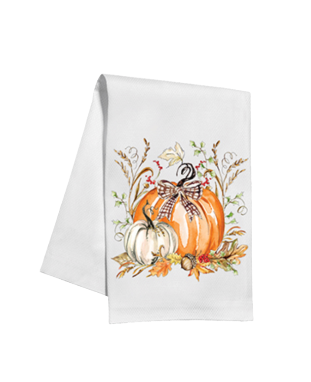 Orange and White Pumpkins Foliage Kitchen Towel