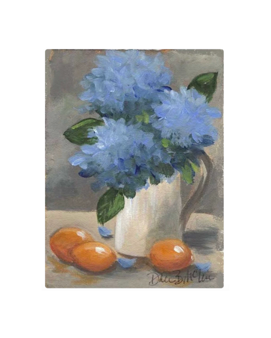 Lemons and Hydrangeas in Ironstone Pottery Tabletop Framed Art + Easel