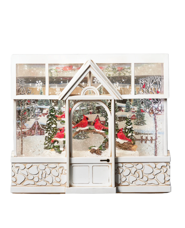 Lighted Swirl Cardinals in White Greenhouse