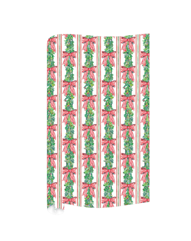 Green Garland with Red and White Striped Bows Pattern Wrapping Paper