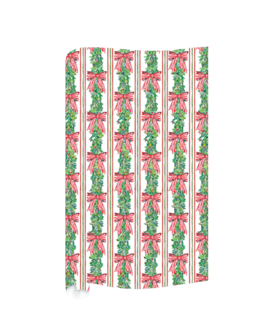 Green Garland with Red and White Striped Bows Pattern Wrapping Paper