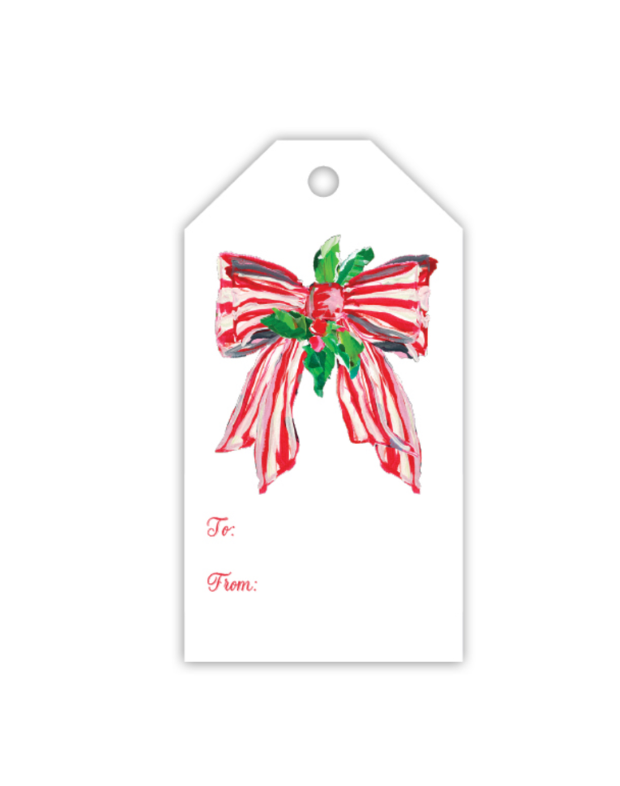 Red Striped Bow with Holly Gift Tag