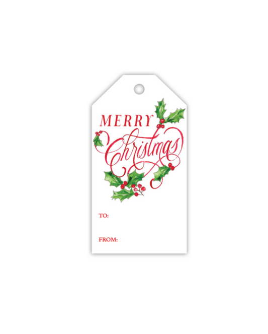 Red Merry Christmas with Holly and Berries Gift Tag