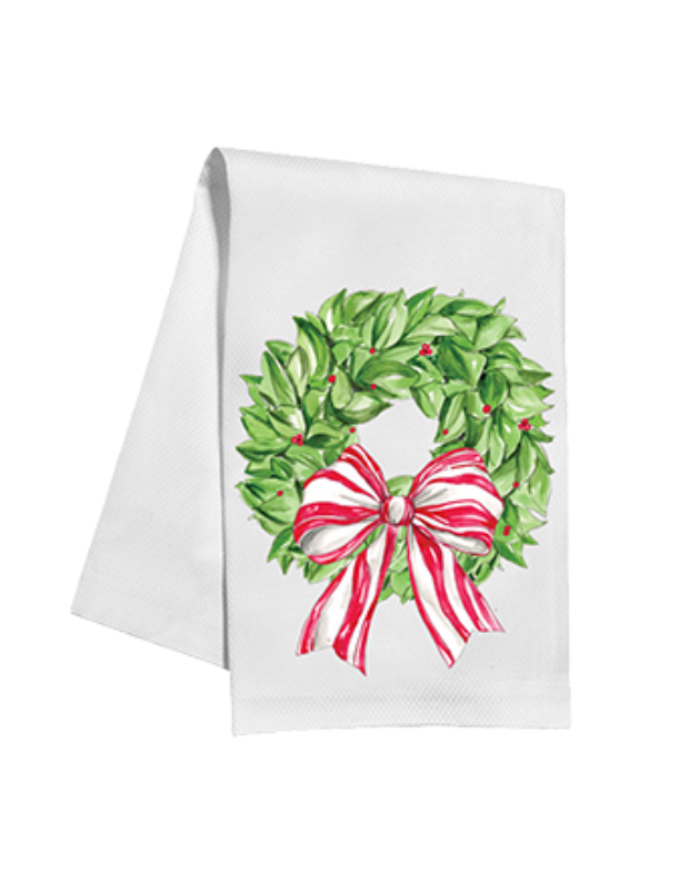 Christmas Wreath with Striped Berries and Bow Kitchen Towel