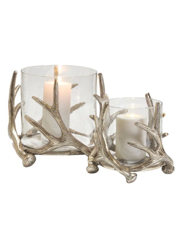 Antiqued Silver Antler Hand-Crafted Hurricanes with Bubble Glass Insert