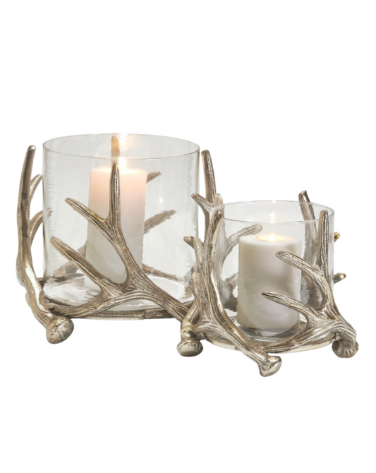 Antiqued Silver Antler Hand-Crafted Hurricanes with Bubble Glass Insert