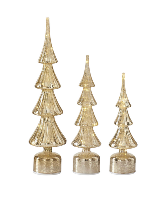 Rotating Ribbed Gold Mercury Glass LED Trees w/Timers