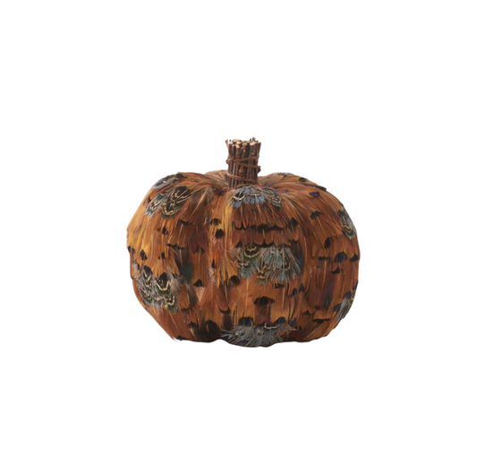 Orange and Brown Feather Pumpkin With Twig Stem