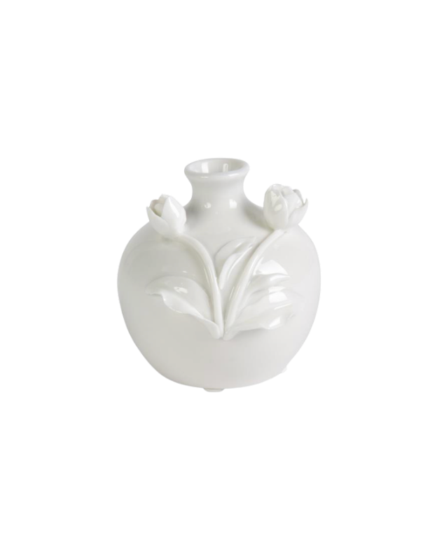 White Ceramic Vase with Raised Flowers