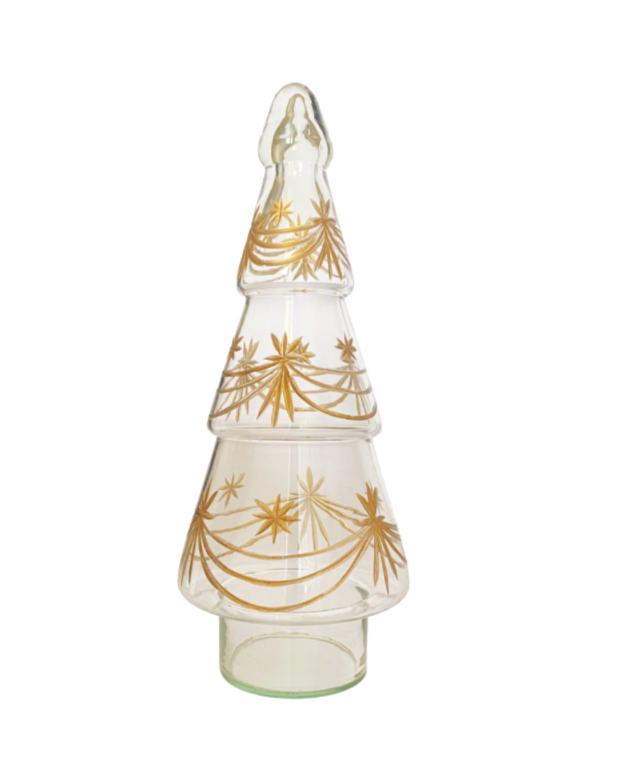 Hand-Blown Etched Glass Tree with Design, Gold Finish