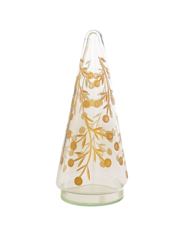 Hand-Blown Etched Glass Tree with Design, Gold Finish