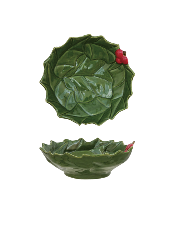 Hand-Painted Holly Leaves Shaped Bowl with Green & Red Berries