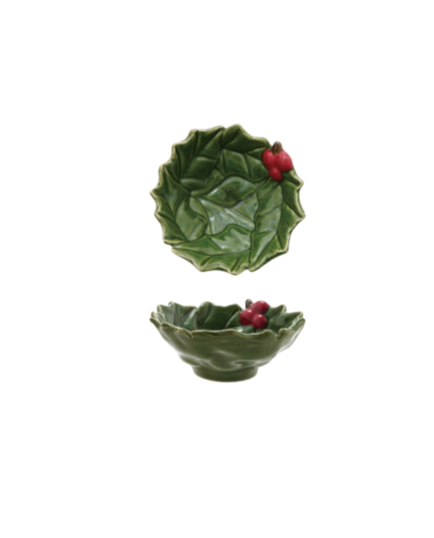 Hand-Painted Holly Leaves Shaped Bowl with Green & Red Berries